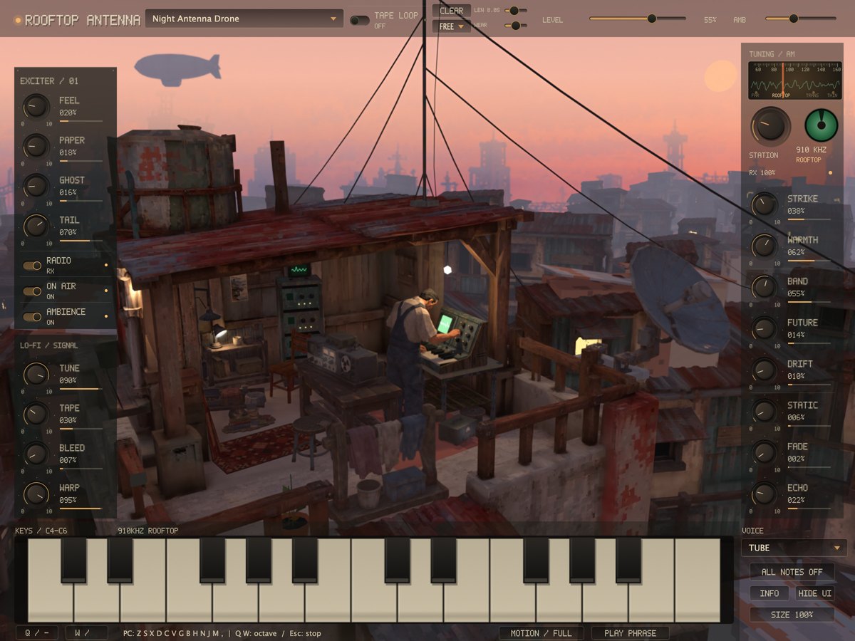 Rooftop Antenna. The scene moves with your playing; the panels can be hidden.